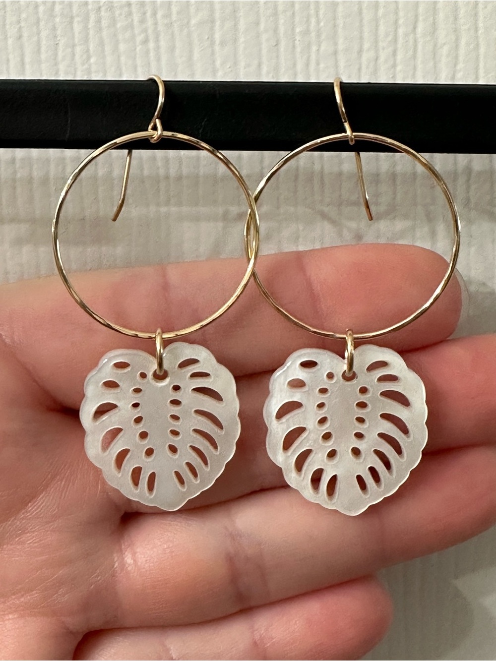 14k Gold-Filled Earrings Hammered Hoops White Mother of Pearl Monsteras 2.5โ